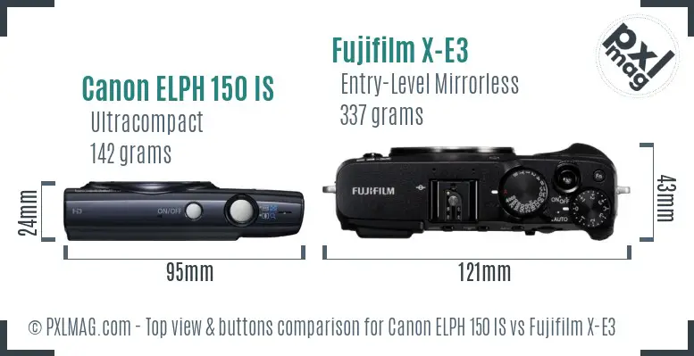 Canon ELPH 150 IS vs Fujifilm X-E3 top view buttons comparison