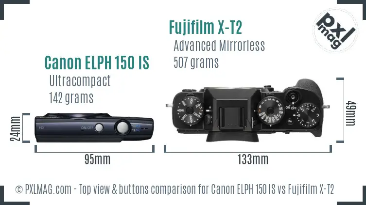 Canon ELPH 150 IS vs Fujifilm X-T2 top view buttons comparison