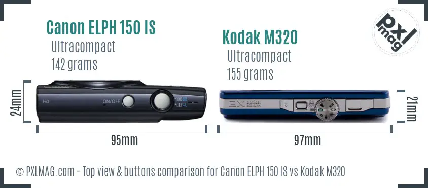 Canon ELPH 150 IS vs Kodak M320 top view buttons comparison