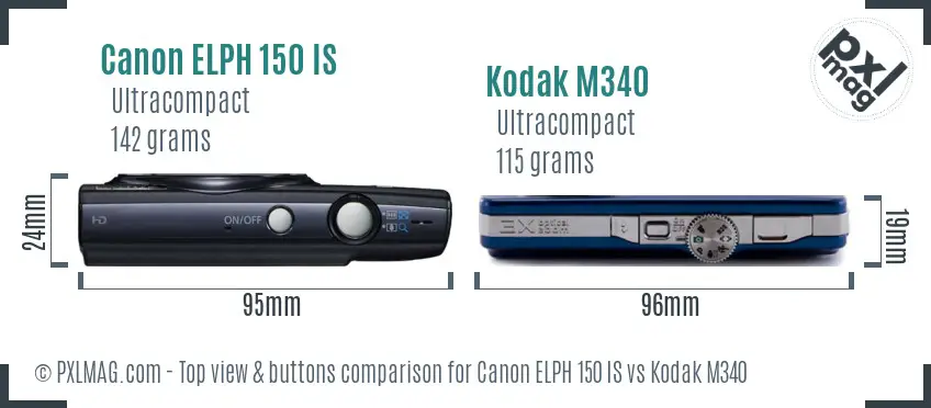 Canon ELPH 150 IS vs Kodak M340 top view buttons comparison