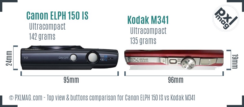 Canon ELPH 150 IS vs Kodak M341 top view buttons comparison