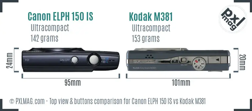 Canon ELPH 150 IS vs Kodak M381 top view buttons comparison