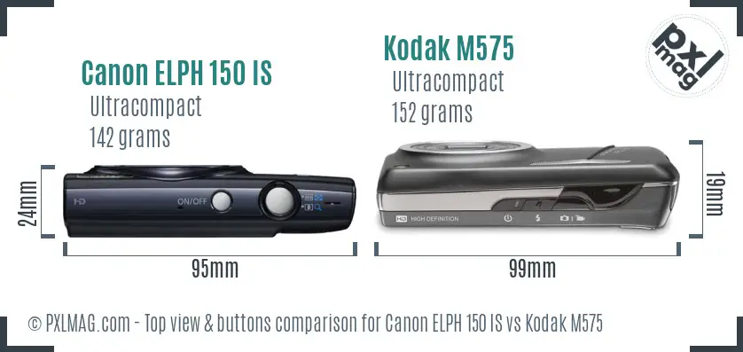 Canon ELPH 150 IS vs Kodak M575 top view buttons comparison