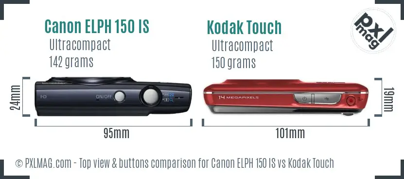 Canon ELPH 150 IS vs Kodak Touch top view buttons comparison Canon ELPH 150 IS vs Kodak Touch top view buttons comparison