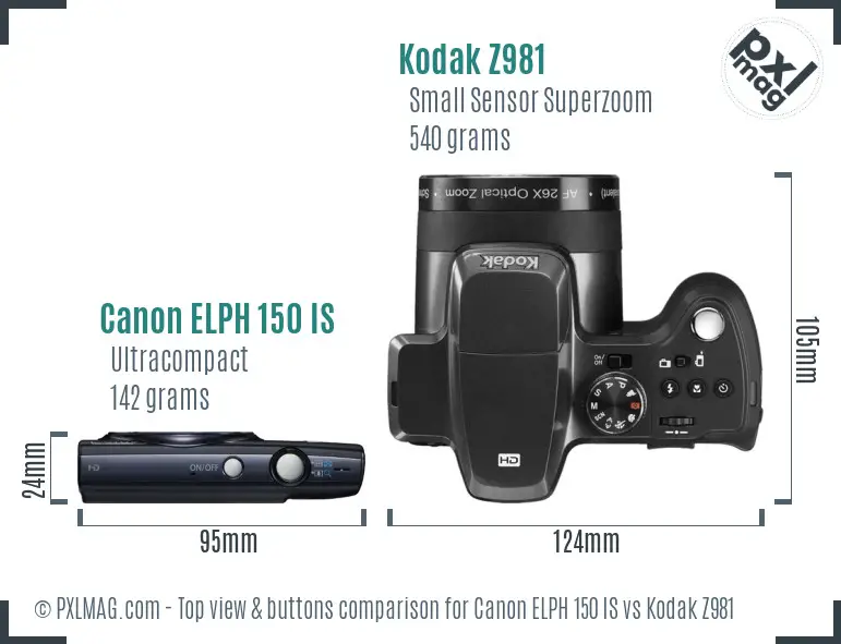Canon ELPH 150 IS vs Kodak Z981 top view buttons comparison