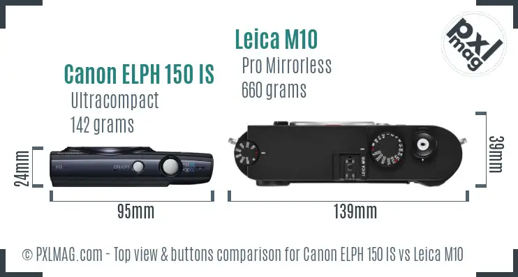 Canon ELPH 150 IS vs Leica M10 top view buttons comparison