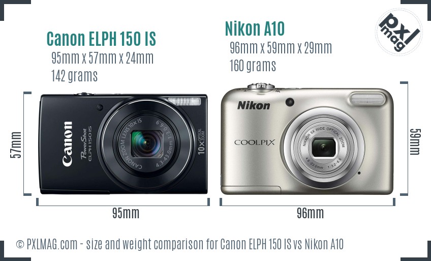 Canon ELPH 150 IS vs Nikon A10 size comparison