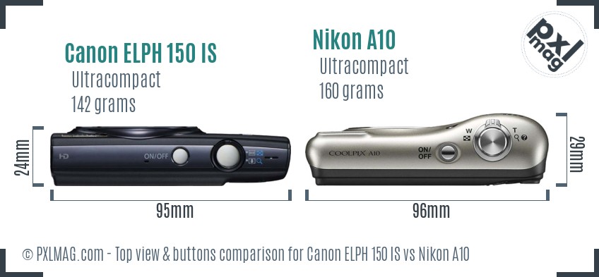 Canon ELPH 150 IS vs Nikon A10 top view buttons comparison