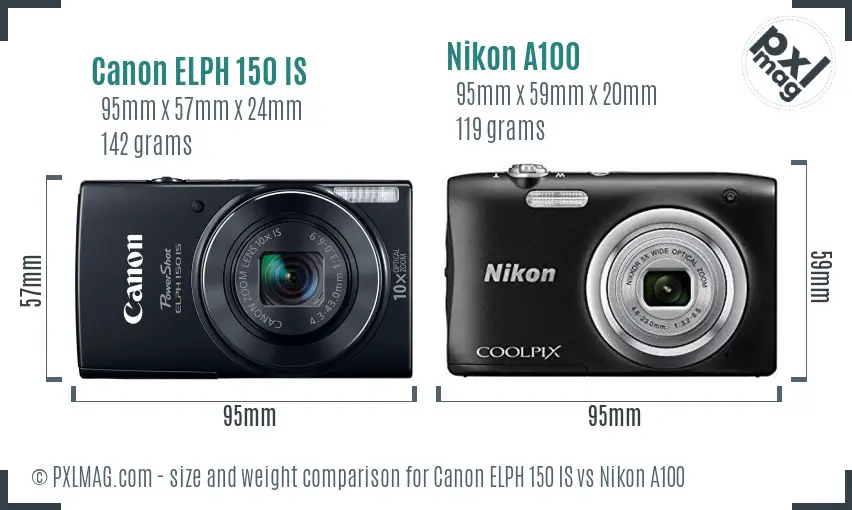 Canon ELPH 150 IS vs Nikon A100 size comparison