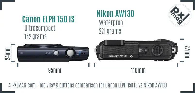 Canon ELPH 150 IS vs Nikon AW130 top view buttons comparison