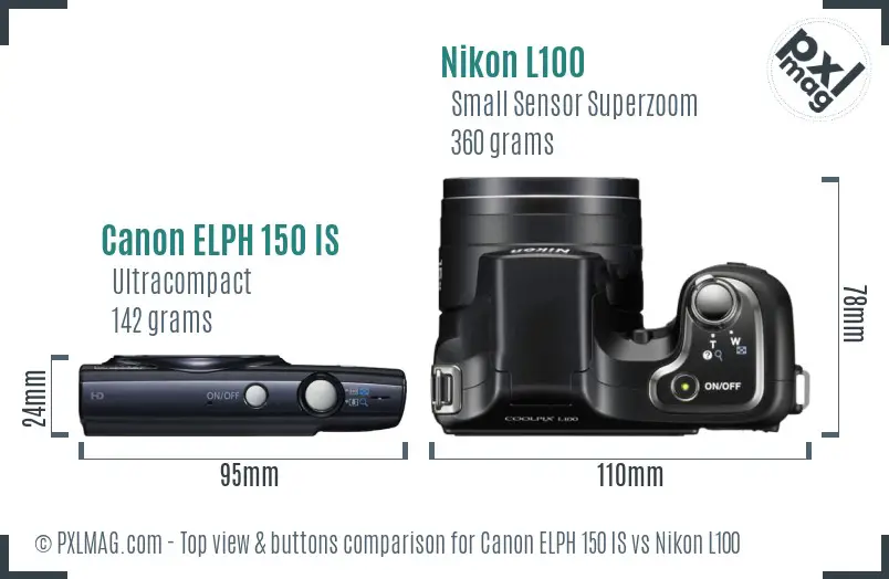 Canon ELPH 150 IS vs Nikon L100 top view buttons comparison