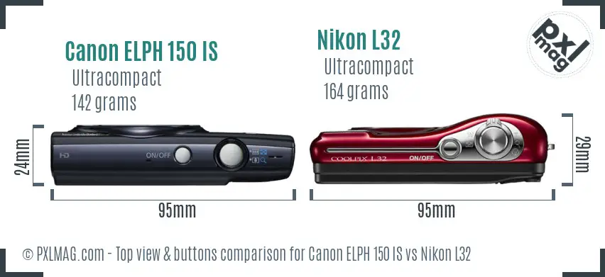 Canon ELPH 150 IS vs Nikon L32 top view buttons comparison