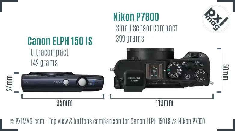 Canon ELPH 150 IS vs Nikon P7800 top view buttons comparison