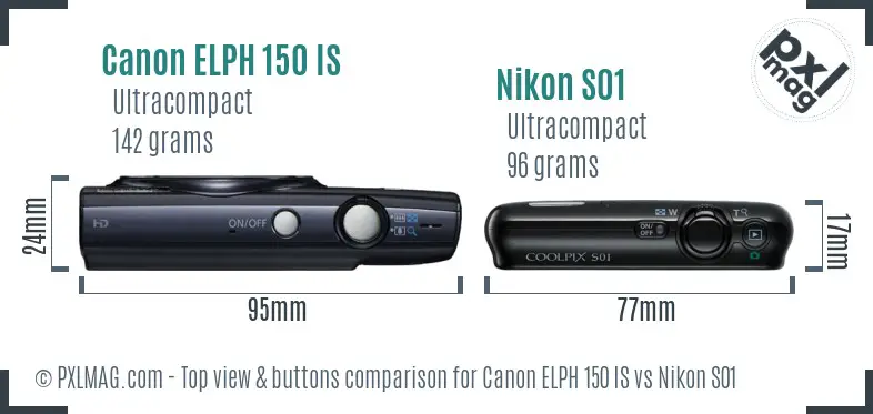 Canon ELPH 150 IS vs Nikon S01 top view buttons comparison