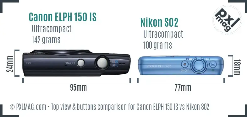 Canon ELPH 150 IS vs Nikon S02 top view buttons comparison