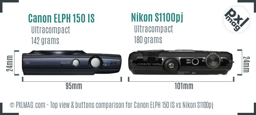 Canon ELPH 150 IS vs Nikon S1100pj top view buttons comparison
