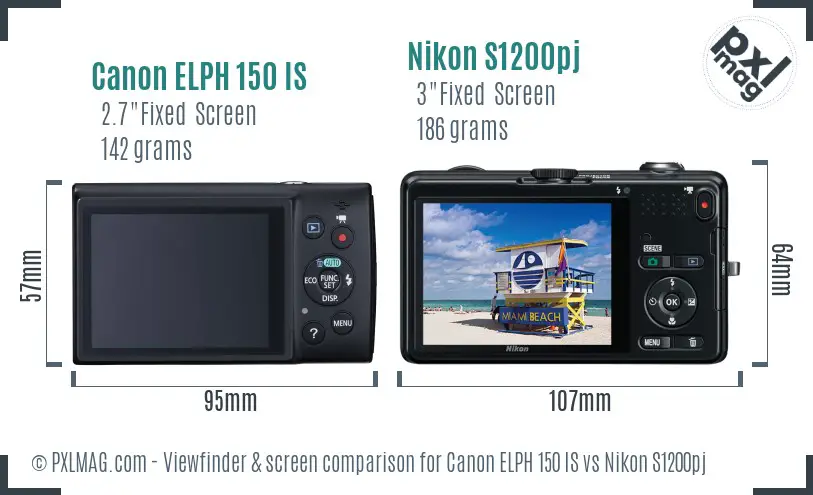 Canon ELPH 150 IS vs Nikon S1200pj Screen and Viewfinder comparison