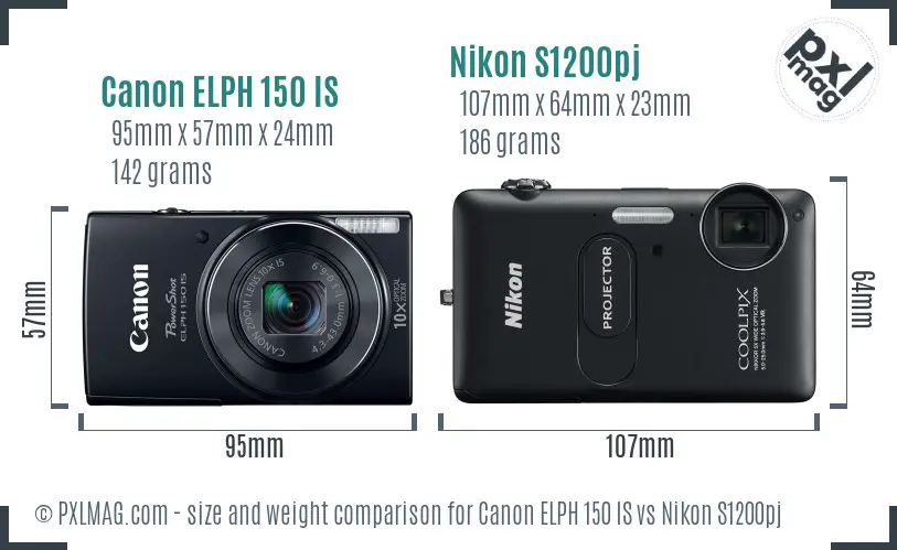 Canon ELPH 150 IS vs Nikon S1200pj size comparison