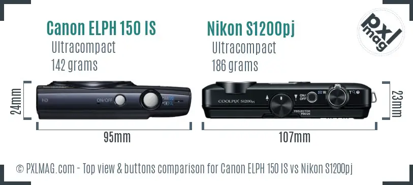 Canon ELPH 150 IS vs Nikon S1200pj top view buttons comparison