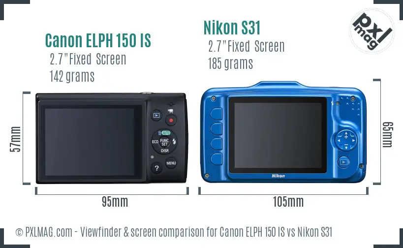 Canon ELPH 150 IS vs Nikon S31 Screen and Viewfinder comparison