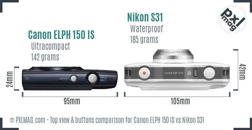Canon ELPH 150 IS vs Nikon S31 top view buttons comparison