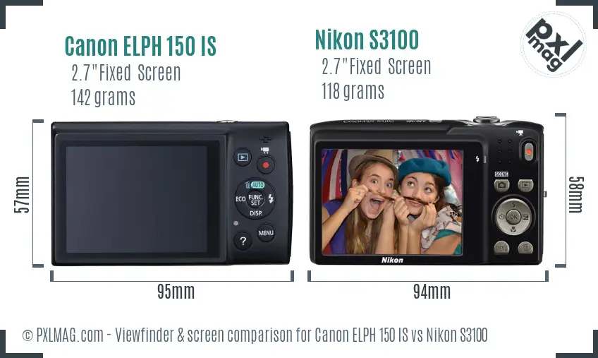 Canon ELPH 150 IS vs Nikon S3100 Screen and Viewfinder comparison