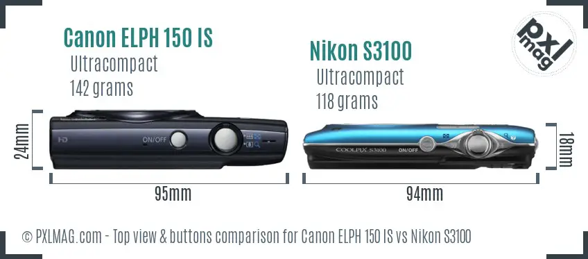 Canon ELPH 150 IS vs Nikon S3100 top view buttons comparison