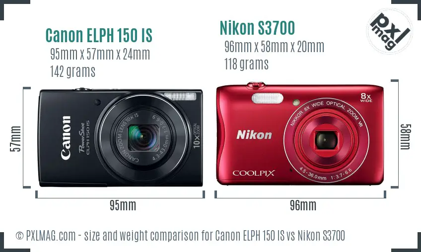 Canon ELPH 150 IS vs Nikon S3700 size comparison