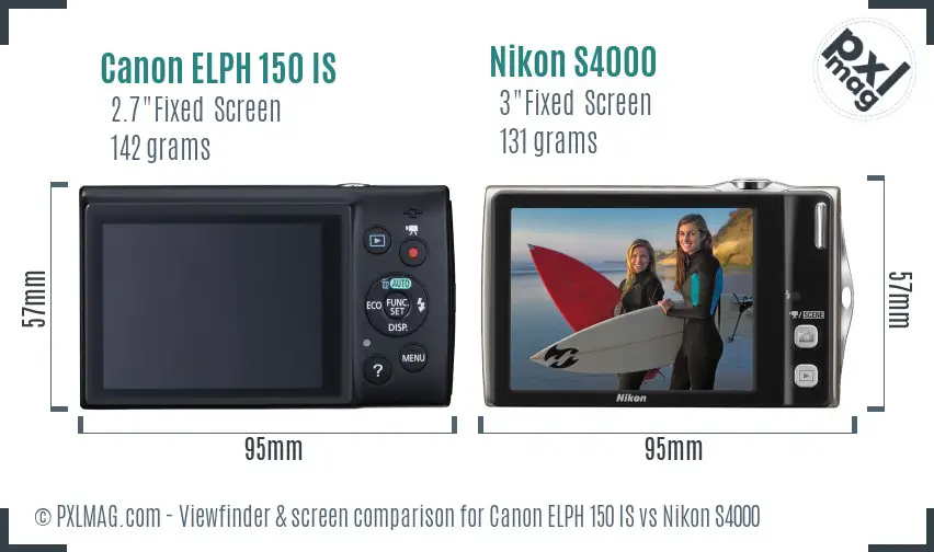 Canon ELPH 150 IS vs Nikon S4000 Screen and Viewfinder comparison