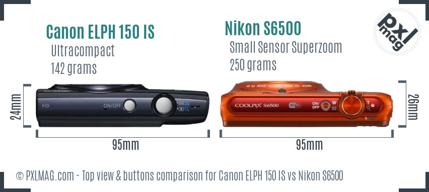 Canon ELPH 150 IS vs Nikon S6500 top view buttons comparison
