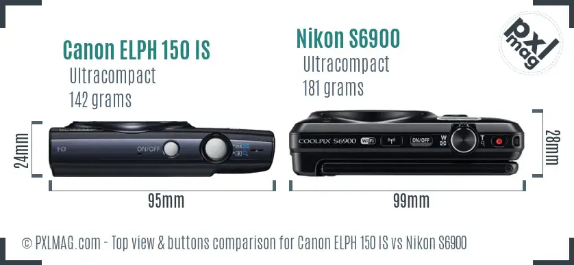 Canon ELPH 150 IS vs Nikon S6900 top view buttons comparison