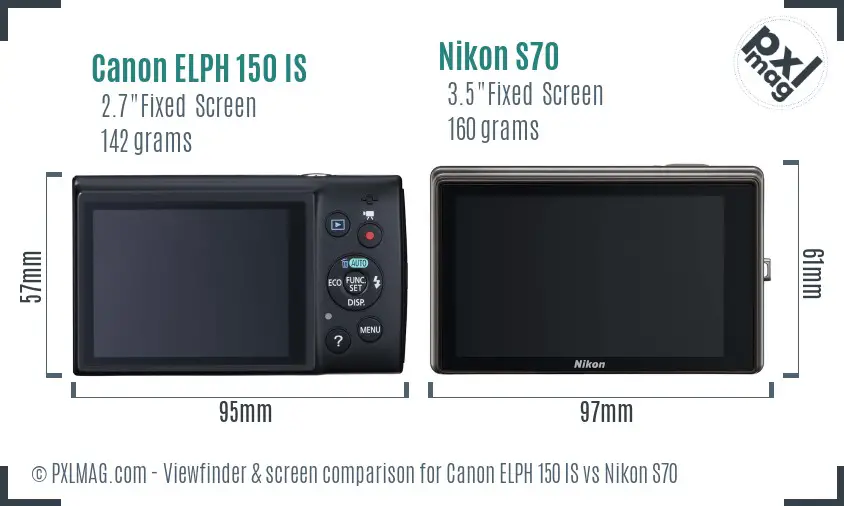 Canon ELPH 150 IS vs Nikon S70 Screen and Viewfinder comparison