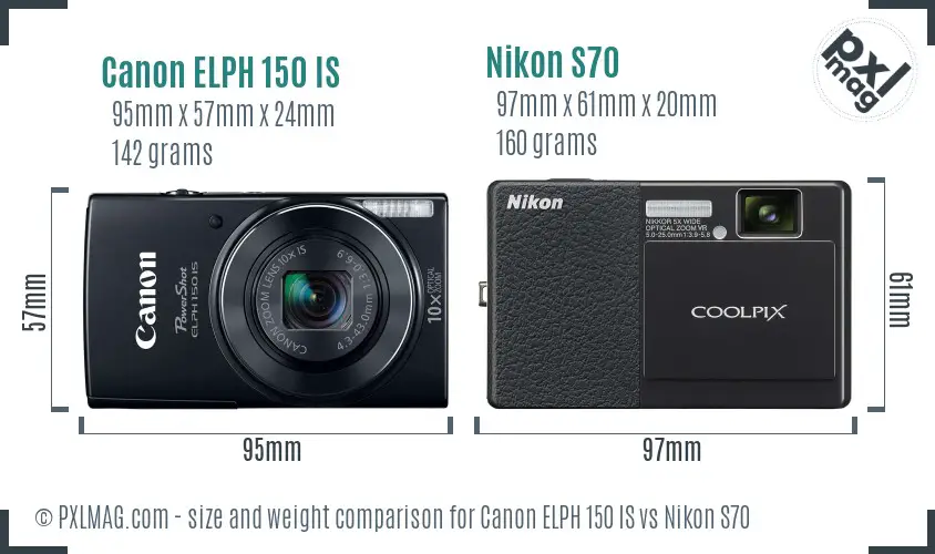Canon ELPH 150 IS vs Nikon S70 size comparison