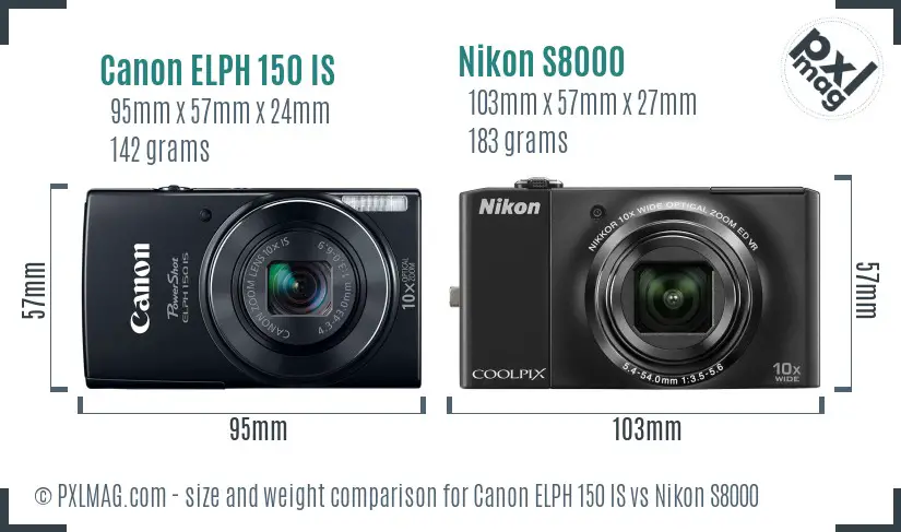 Canon ELPH 150 IS vs Nikon S8000 size comparison