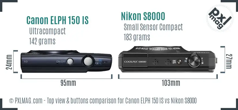 Canon ELPH 150 IS vs Nikon S8000 top view buttons comparison