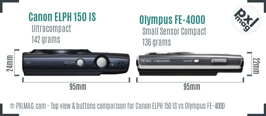 Canon ELPH 150 IS vs Olympus FE-4000 top view buttons comparison
