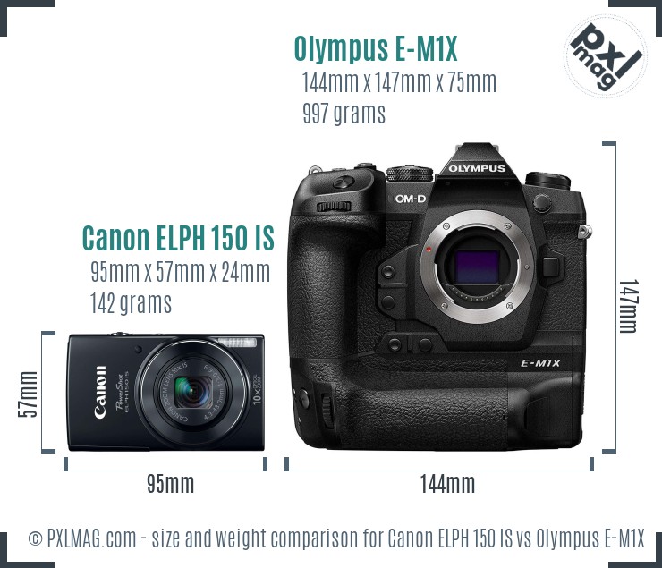 Canon ELPH 150 IS vs Olympus E-M1X size comparison Canon ELPH 150 IS vs Olympus E-M1X size comparison