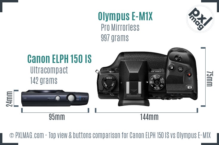 Canon ELPH 150 IS vs Olympus E-M1X top view buttons comparison