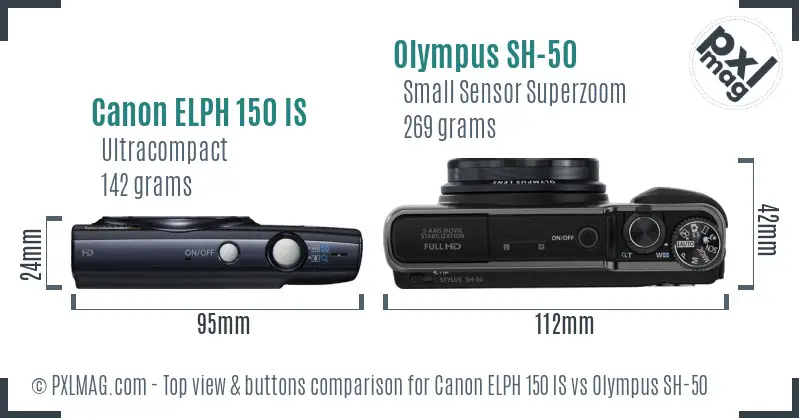 Canon ELPH 150 IS vs Olympus SH-50 top view buttons comparison