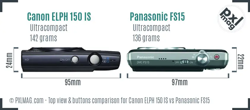 Canon ELPH 150 IS vs Panasonic FS15 top view buttons comparison