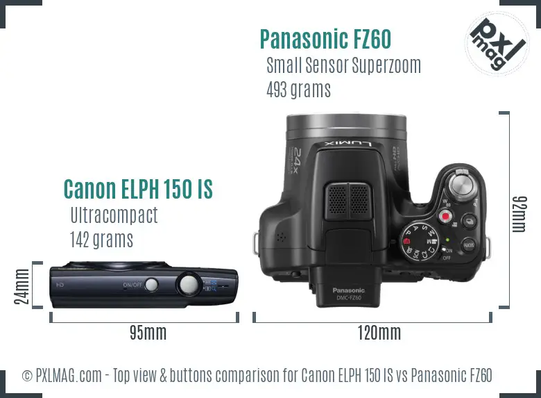 Canon ELPH 150 IS vs Panasonic FZ60 top view buttons comparison