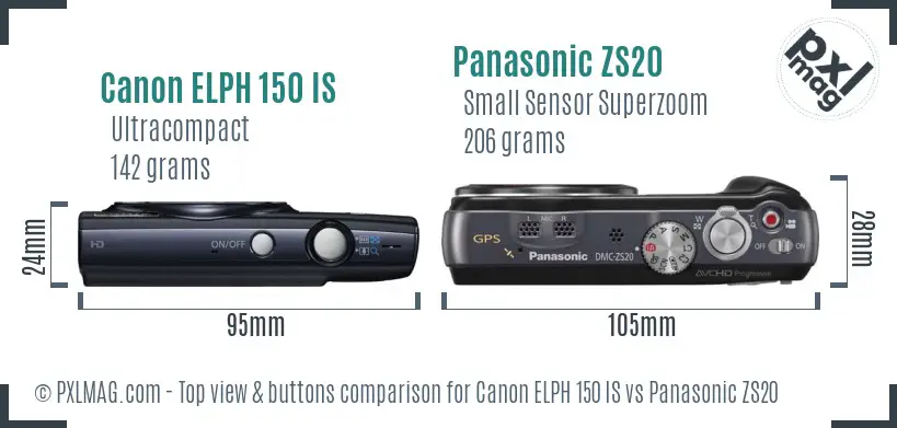 Canon ELPH 150 IS vs Panasonic ZS20 top view buttons comparison