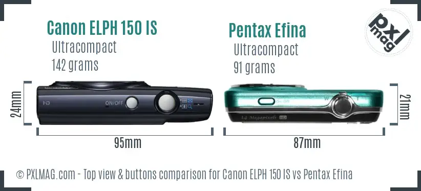 Canon ELPH 150 IS vs Pentax Efina top view buttons comparison