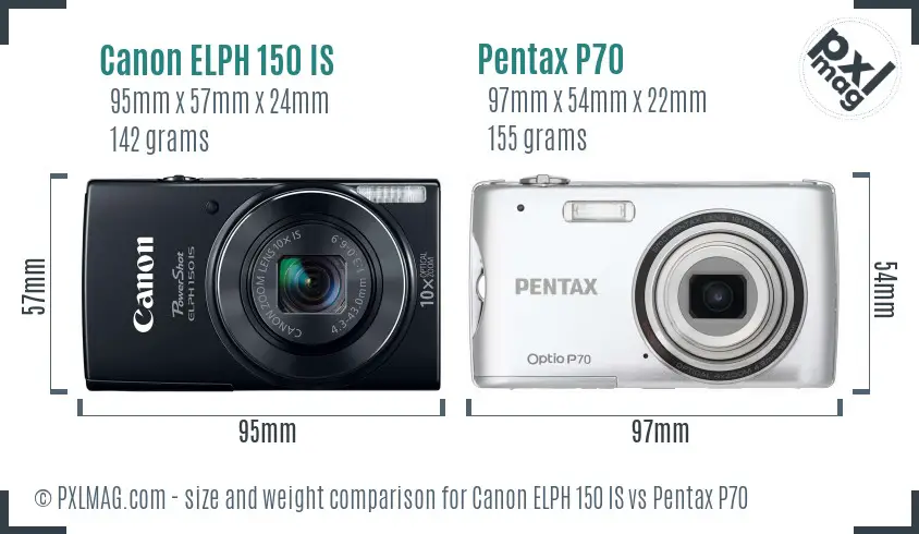 Canon ELPH 150 IS vs Pentax P70 size comparison