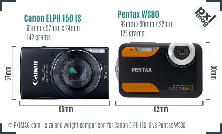 Canon ELPH 150 IS vs Pentax WS80 size comparison