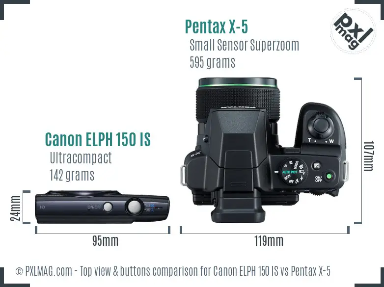 Canon ELPH 150 IS vs Pentax X-5 top view buttons comparison