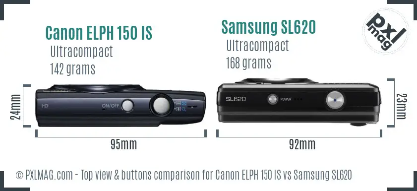 Canon ELPH 150 IS vs Samsung SL620 top view buttons comparison