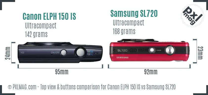 Canon ELPH 150 IS vs Samsung SL720 top view buttons comparison