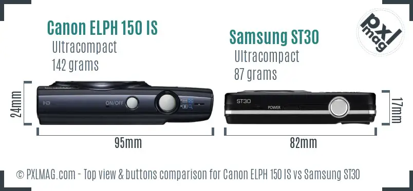 Canon ELPH 150 IS vs Samsung ST30 top view buttons comparison