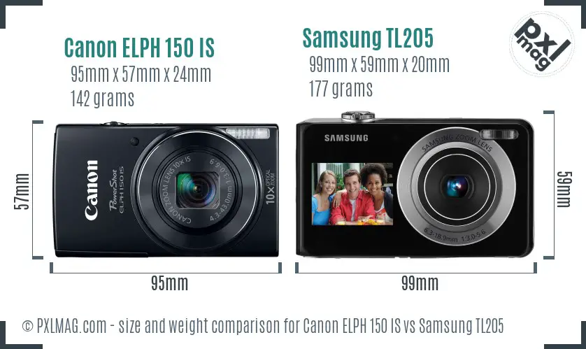 Canon ELPH 150 IS vs Samsung TL205 size comparison
